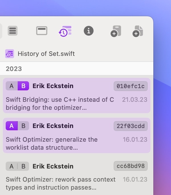 Kaleidoscope showing the Git File History of a file.