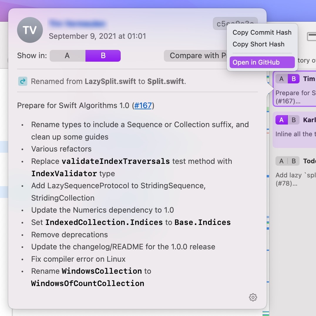 Commit Details Popover